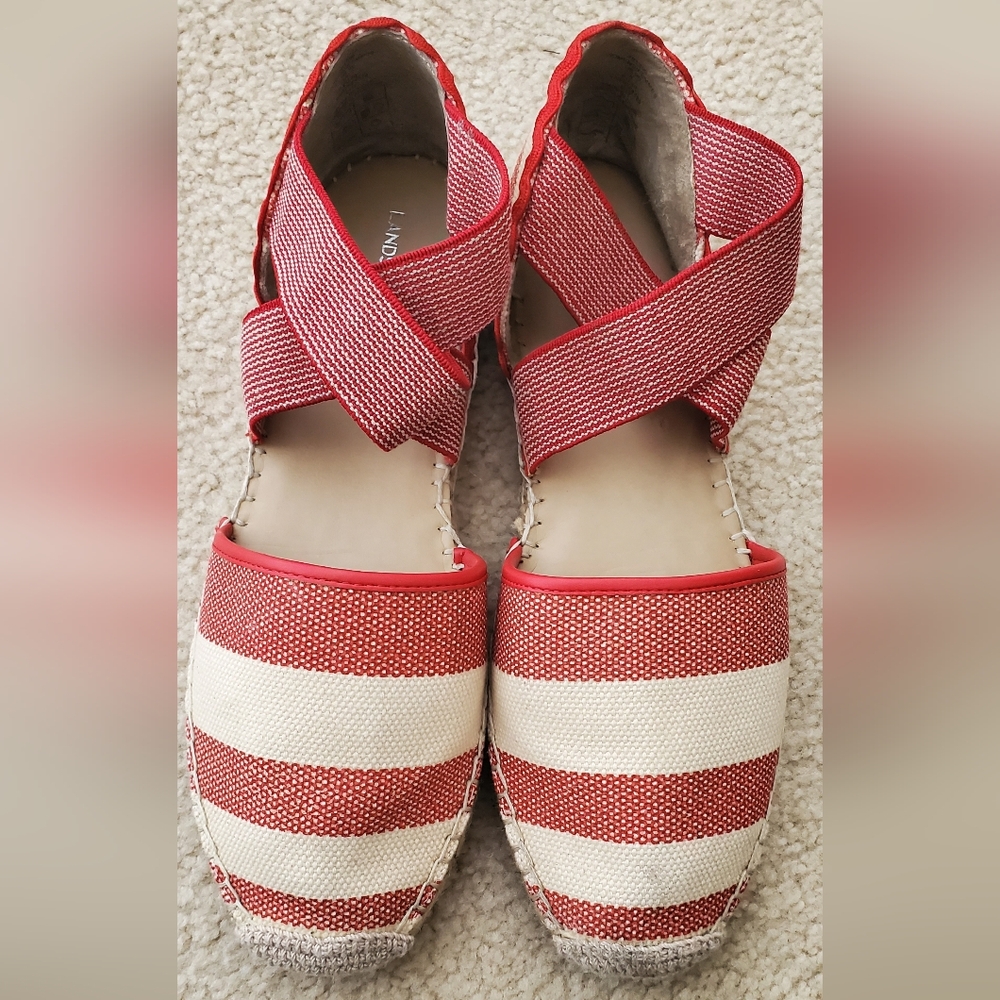 Land's End Red Cream Striped Espadrille Sandals With Ric Rac 9m - Picture 2 of 9